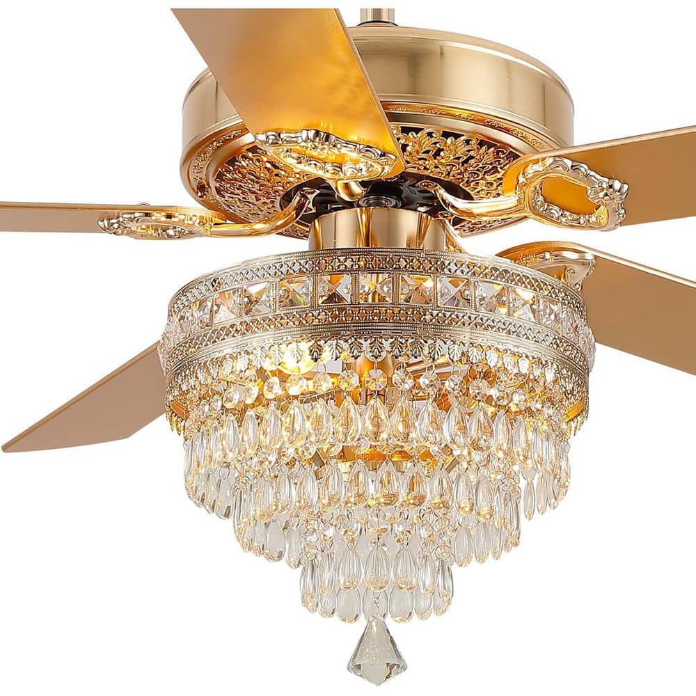 52 in. Indoor Crystal Chandelier Gold Ceiling Fan Fandelier with Lights and Remote Control price history on PriceWatchPro