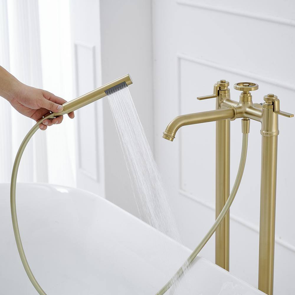 Brushed Gold 2-Handle Deck-Mount Roman Tub Faucet with Hand Shower