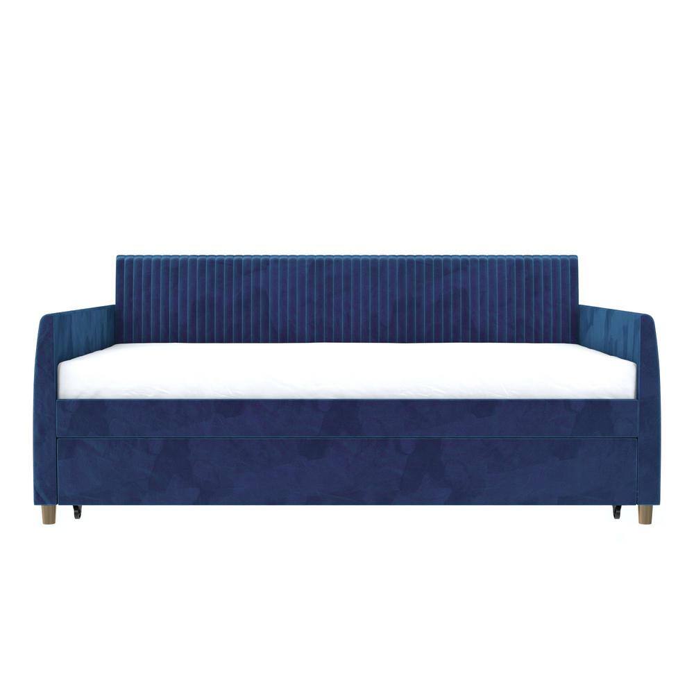 Twin Blue Velvet Upholstered Daybed with Trundle and Tufted Headboard