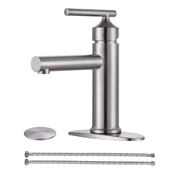 Single Handle Single Hole Stainless Steel Bathroom Faucet with Deckplate and Pop Up Drain in Brushed Nickel