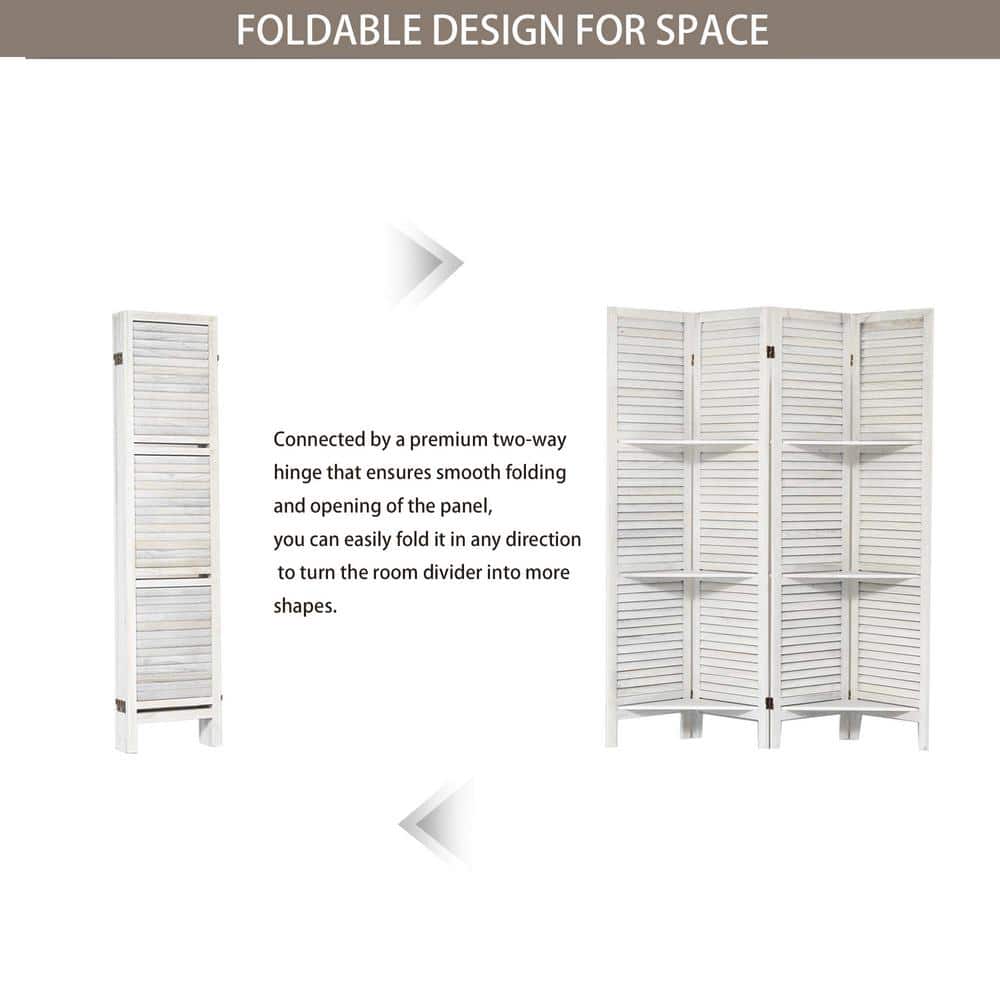 White Wood 5.6 ft Folding Privacy Screen Room Divider with Shelves