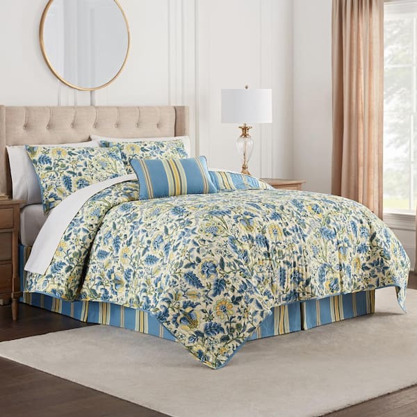 Cotton Quilt Set Coverlet Floral Full Queen Size Yellow Teal Navy 4 Piece 