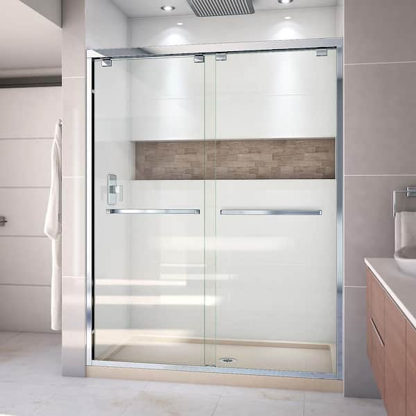 DreamLine Encore 32 in. D x 60 in. W x 78.75 in. H Semi-Frameless Sliding Shower Door in Chrome with Center Drain Biscuit Base