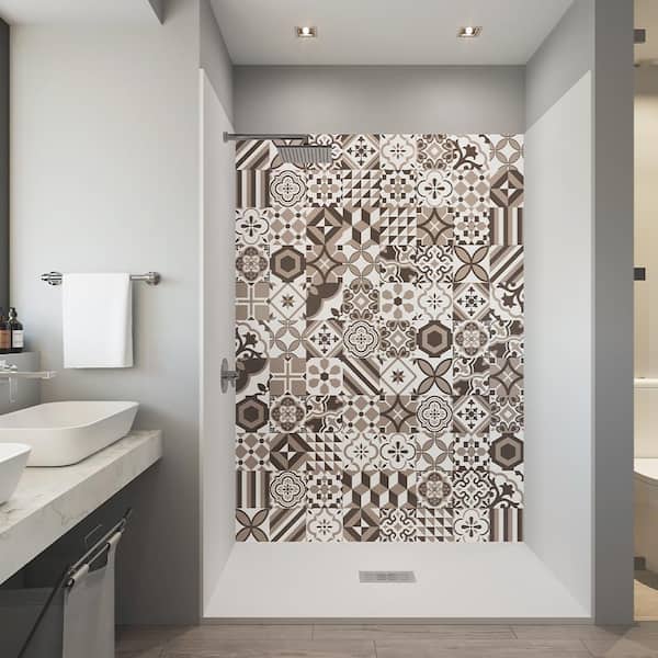 CASTICO Mosaic Beige 32 in. x 60 in. x 84 in. Solid Composite Stone Alcove Shower Kit with Walls and White Pan Base Center Drain