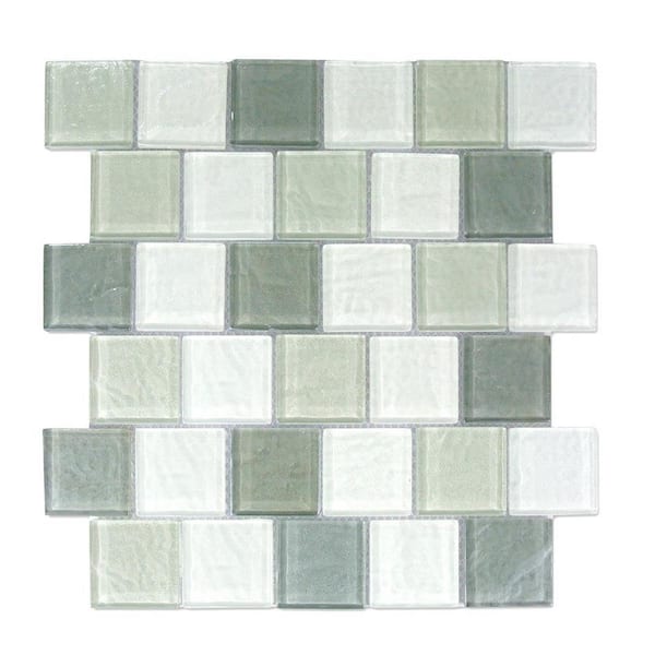Southwestern White and Gray Square Mosaic 12 in. x 12 in. Textured Glass Wall and Pool Tile (0.95 sq.ft./Case)