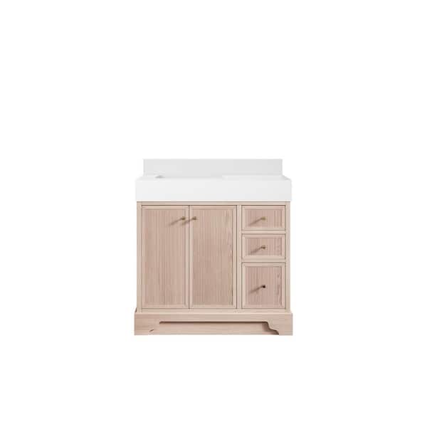 Willow Collections Manhattan Oak 36 in. W x 22 in. D x 36 in. H Left Offset Single Sink Bath Vanity in White Oak with 5 in. White Qt. Top