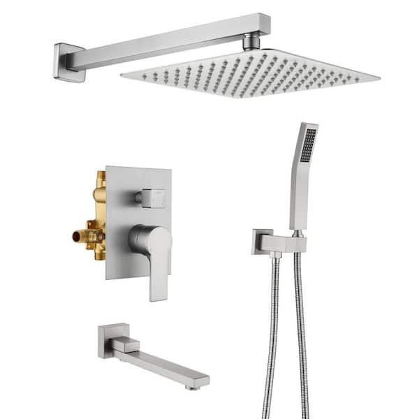3-Spray 10 in. Square Wall Mount Dual Fixed and Handheld Shower Head with Tub Spout in Brushed Nickel