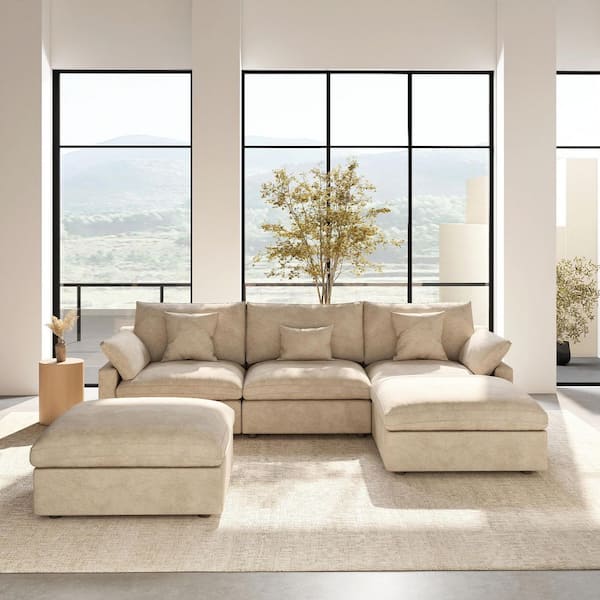 120 in. Square Arm 5-Piece Linen Upholstered Cloud Modular Sectional Sofa 3-Seater w/ Ottoman, Washable Covers in Khaki