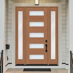 Regency 64 in. x 80 in. 5L Modern Clear Glass LHIS AutumnWheat Stain Mahogany Fiberglass Prehung Front Door w/Dbl12in.SL