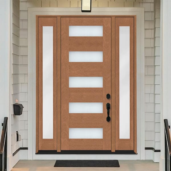 Regency 64 in. x 80 in. 5L Modern Clear Glass RHOS AutumnWheat Stain Mahogany Fiberglass Prehung Front Door w/Dbl12in.SL