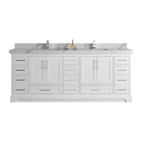 Willow Collections Boston 84 in. W x 22 in D Bath Vanity in White with 2 in Quartz Vanity Top in Calacatta with White Basin(S)