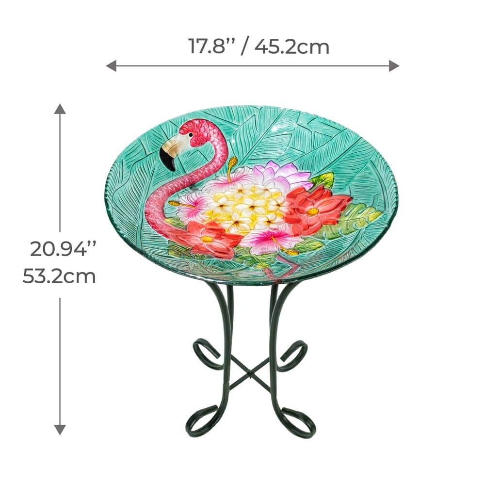 Tropical Flamingo Fusion Glass Birdbath with Metal Stand
