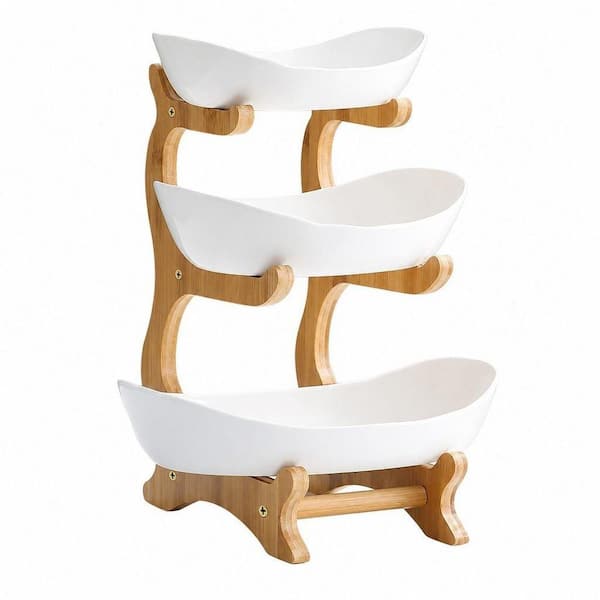 1 Piece 3 Tier Ceramic Fruit Bowl With Bamboo Stand for Kitchen Counter, Porcelain Fruit Basket for Vegetable Storage