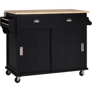 Black Rolling Kitchen Island Cart with Rubber Wood Drop-Leaf Countertop (52 in. W)