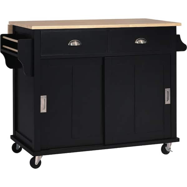 tunuo Black Rolling Kitchen Island Cart with Rubber Wood Drop-Leaf Countertop (52 in. W)