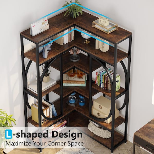 Eulas 35.43 in. Wide Rustic Brown 14 shelf Industrial L-Shaped Corner Bookcase with Open Back