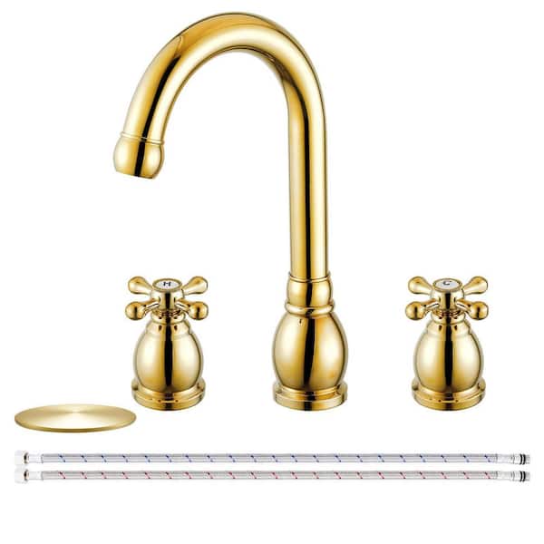 Double Handles 8 in. Widespread Bathroom Faucet 3-Hole Sink Faucet with Pop-Up Drain in Polished Gold