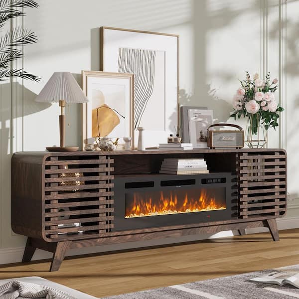 70 in. Freestanding Engineered Wood Electric Fireplace TV Stand in Brown