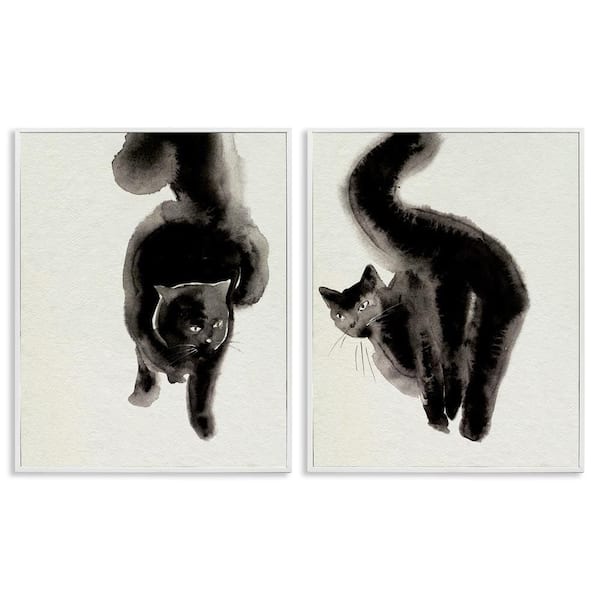 Stupell Industries Minimal Black Cats by Melissa Wang 2 Pieces White Framed Animal Giclee Art Print 20 in. x 16 in.