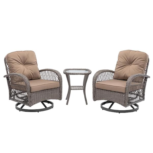 Unbranded 3-Piece All-Weather Wicker Outdoor Swivel Rocking Chairs Patio Conversation Set with Khaki Cushions and Coffee Table