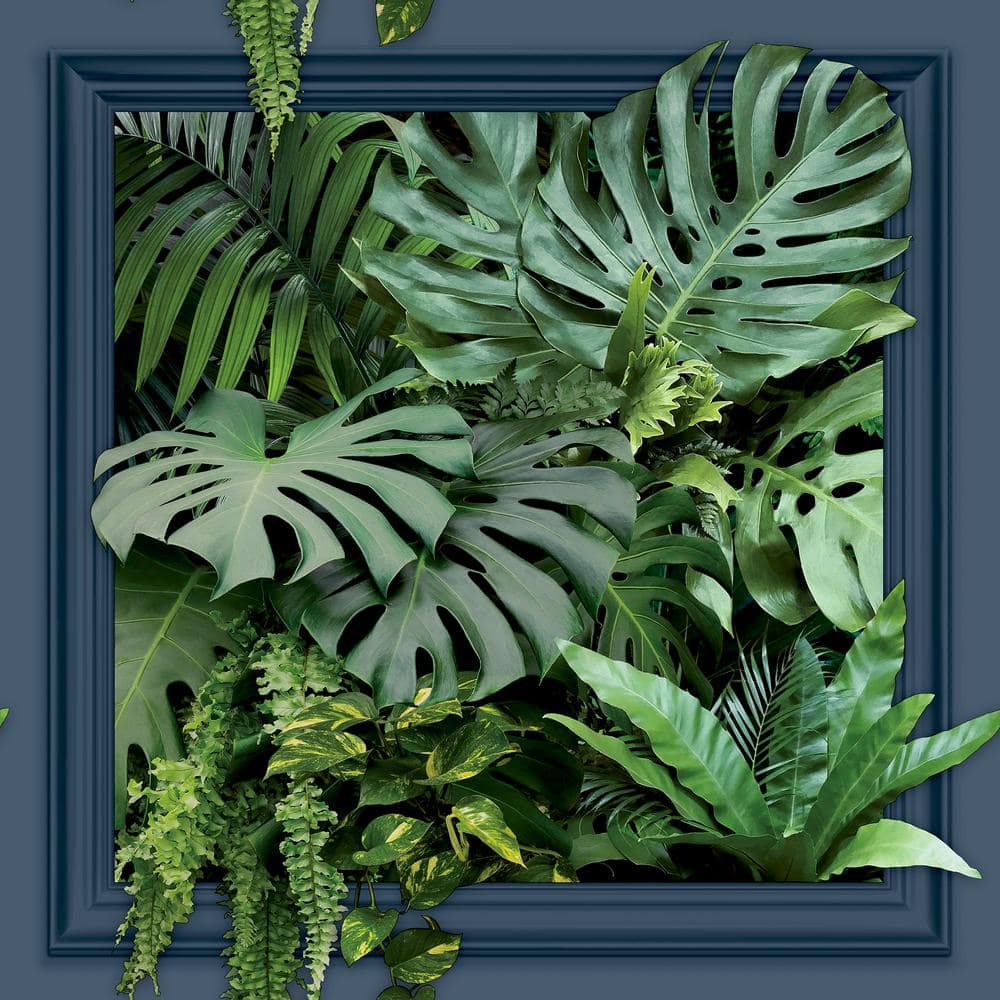 Tropical Green Leaves 3D Blue Panel Peel and Stick Wallpaper