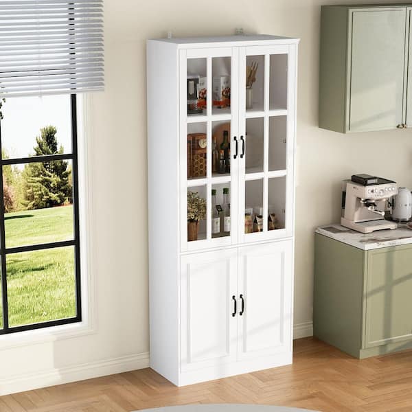 White Wooden MDF ( 31.5 in. W) Sideboard, Accent Storage Cabinet, Food Pantry with 4 Tempered Glass Doors and 5 Shelves