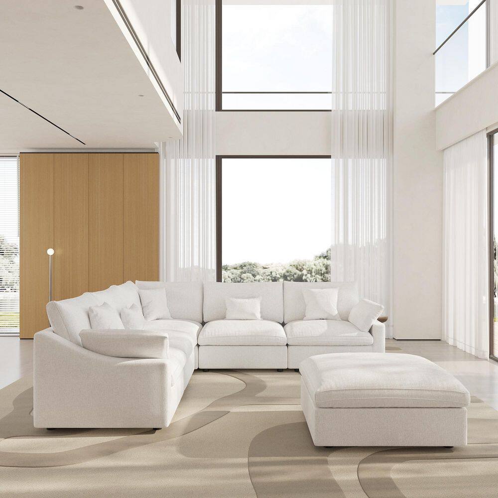 119.3 in. Slope Arm 6-Piece Linen Down Feather Modular Free Combination Sofa with Ottoman, Removable Covers in White
