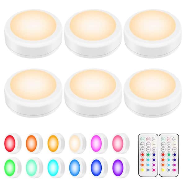 White LED Puck Lights with Remote Control Lamp, Wireless Under Cabinet & Closet Lighting, RGB 13 Color Changing, 6 Pack