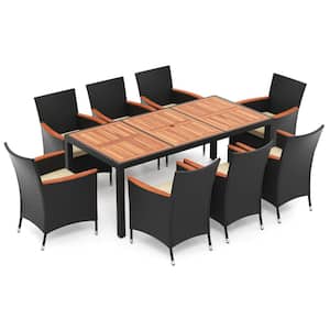 Brown 9-Piece Wicker Outdoor Dining Set for 8-Large Conversation Set with Beige Seat Cushion and Umbrella Hole