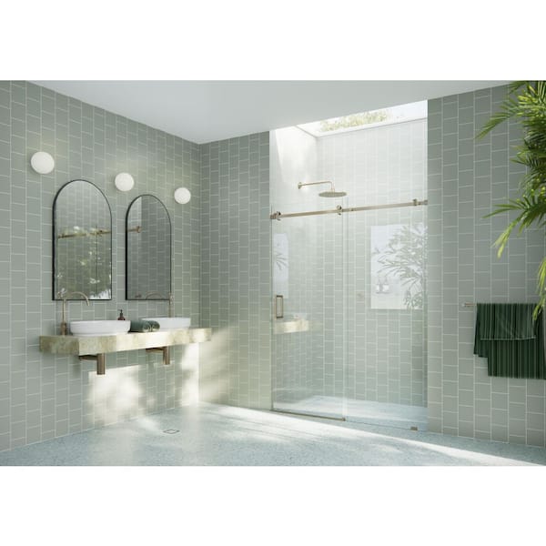 Astro 56 in. W x 78 in. H Sliding Frameless Shower Door with Square Hardware in Brushed Bronze with Clear Glass