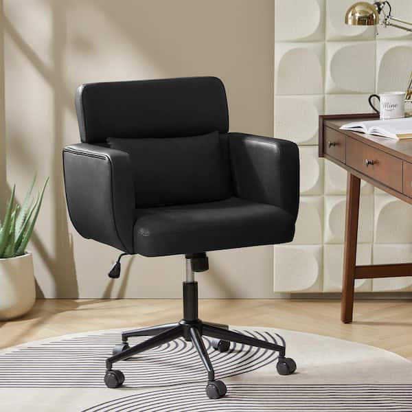 JAYDEN CREATION Roxanne Black 25.5 in. Mid-Century Modern Faux Leather Swivel and Tilt Office Chair with Adjustable Backrest Height