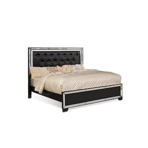 Eli Black Wood Frame Crystal Tufted Queen Bed with LED and Mirrored Inlays