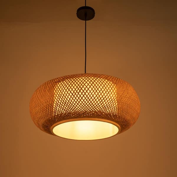 OUKANING 23.6 in. 1-Light Vintage Bamboo Rattan Lantern Pendant