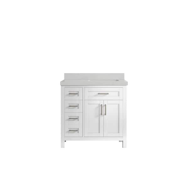 Willow Collections Cambridge 36 in. W x 22 in. D x 36 in. H Right Offset Sink Bath Vanity in White with 2 in. Carrara Quartz Top