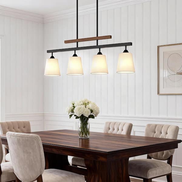 37 in. Matte Black 4-Light Farmhouse Linear Pendant Light, Rustic Wood Dining Table & Kitchen Island Hanging Chandelier
