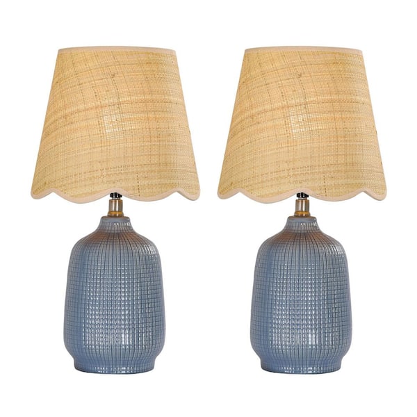 Pia Ricco 18.9 in. Blue Table Lamp Set with Ceramic base and Rattan Shade (Set of 2)