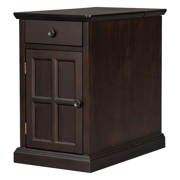 Unbranded 1-Drawer Antique Espresso Wood Nightstand with USB Ports Livingroom End Table Side Table with Cup Holders