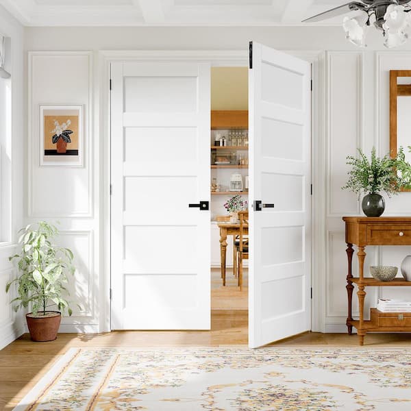 TENONER 60 in. x 80 in. Primed Wood 5-Panel Doors with Assembly