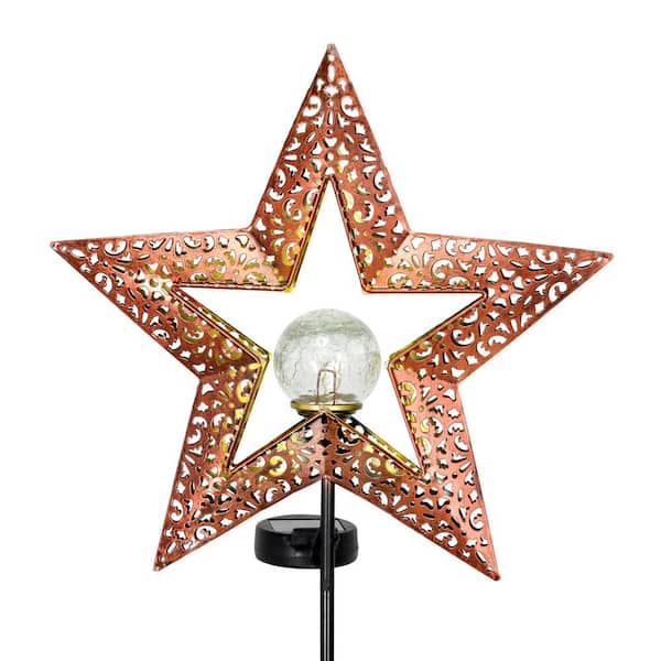Exhart Solar Filigree Star with Glass Crackle Ball Center 2.69 ft. Bronze Metal Garden Stake