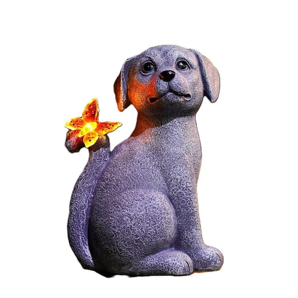 3.94 in. x 5.31 in. x 7.48 in. Dog Solar Decor with Butterfly Outdoor Statues