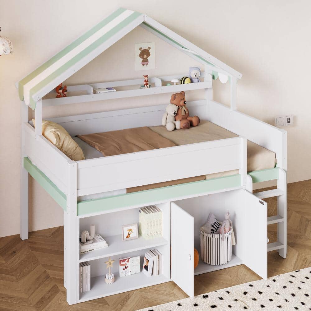 White and Green Full Size Wood Loft Bed with Canopy Roof, Storage Cabinet price history on PriceWatchPro