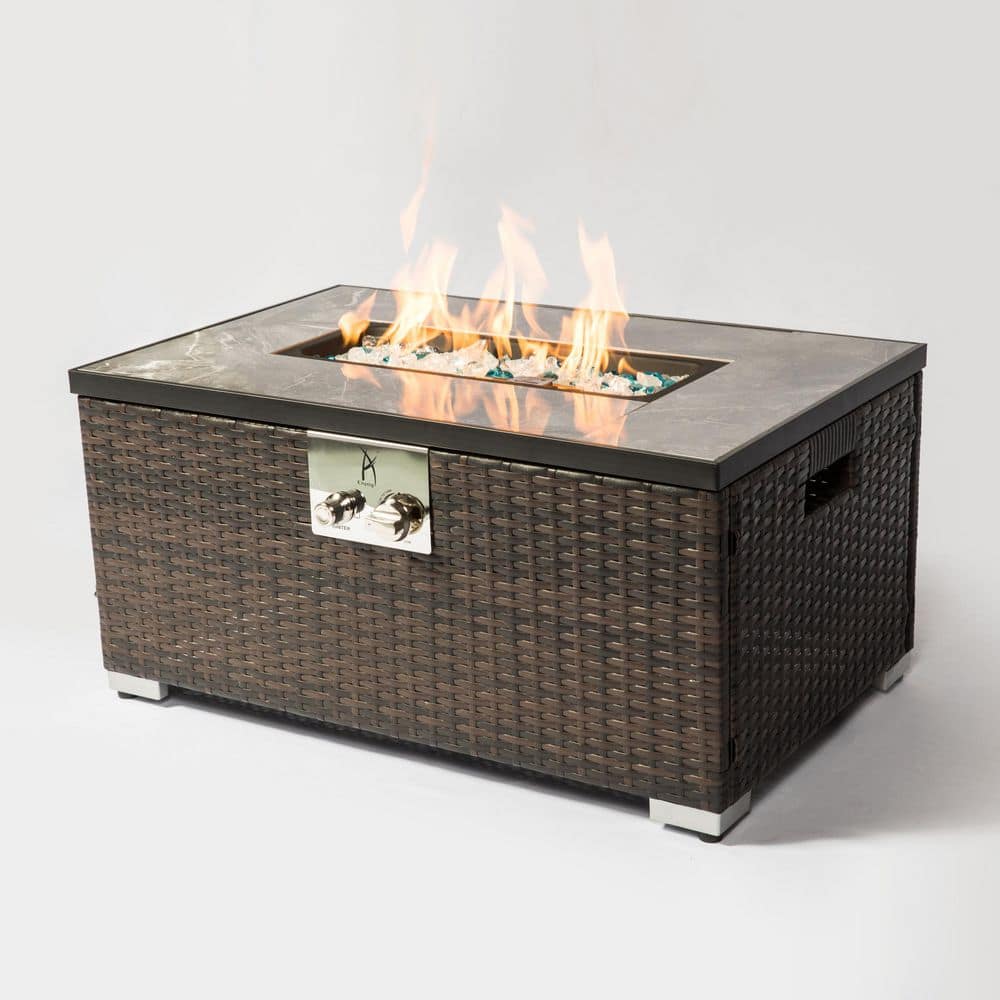 50,000 BTU Brown Rattan 32 in. Fire Table Gas Fire Pit Table with Tile ...