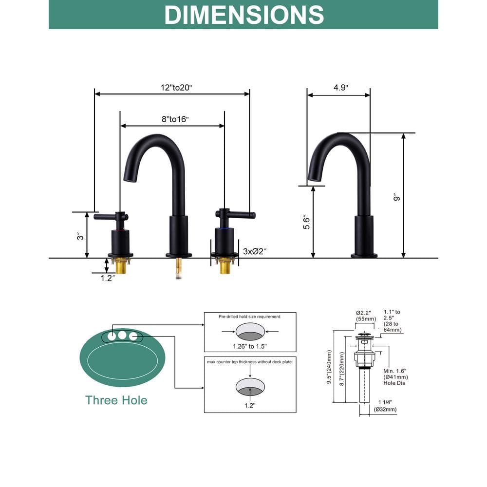 Matte Black 8-Inch Widespread Double Handle Bathroom Faucet