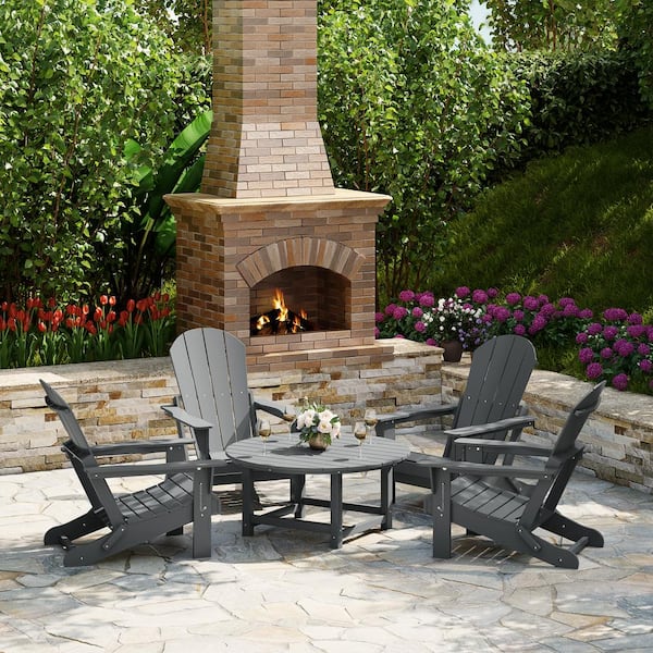 Laguna Gray Fade Resistant 5-Piece Plastic Adirondack Chair Outdoor Patio Conversation Set With Round Coffee Table