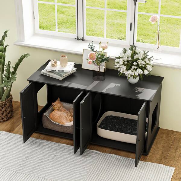 Cat Litter Box Enclosure Furniture – Hidden Litter Box Cabinet With Metal Frame, Dual Storage Shelves, Side Table Style In Black