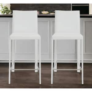 25.99 in. White Low Back Metal Counter Height Bar Chair with Upholstery Seat Set of 2