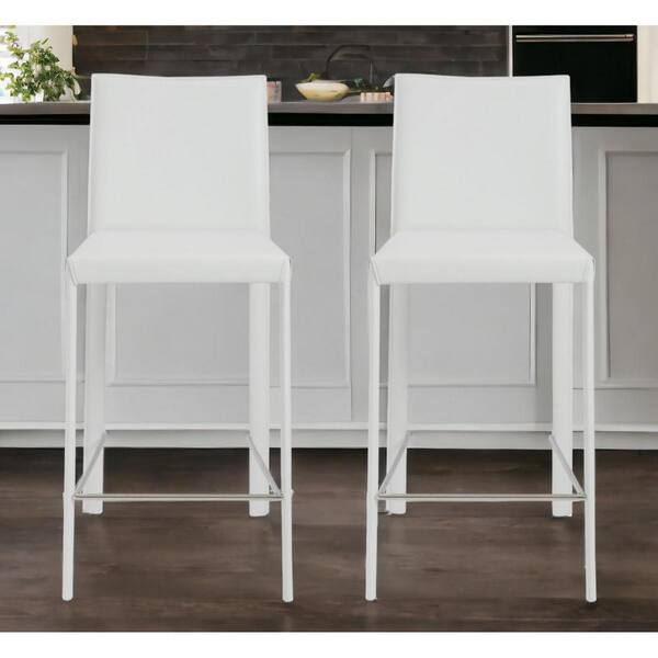 HomeRoots 25.99 in. White Low Back Metal Counter Height Bar Chair with Upholstery Seat Set of 2