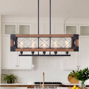 5-Light Brown Industrial Rectangular Linear Chandelier for Dining Room Kitchen with No Bulbs Included