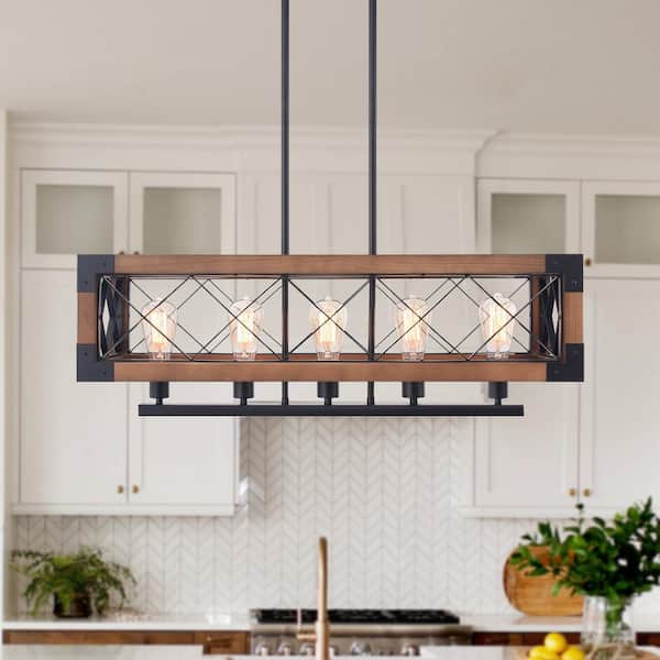 ZJVAIVE 5-Light Brown Industrial Rectangular Linear Chandelier for Dining Room Kitchen with No Bulbs Included