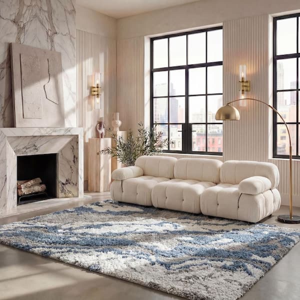 Horizon Shag 3 ft. x 5 ft. Gray/Blue Abstract Marble Area Rug
